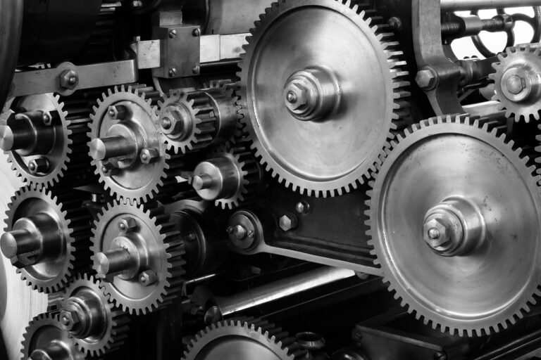 Black and white photo of Industrial gears and cogs